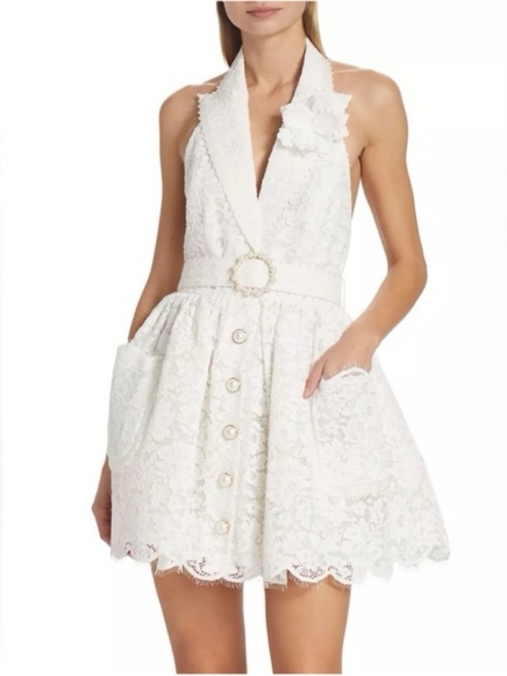 White Lace Halter Mini Dress with Belted Waist